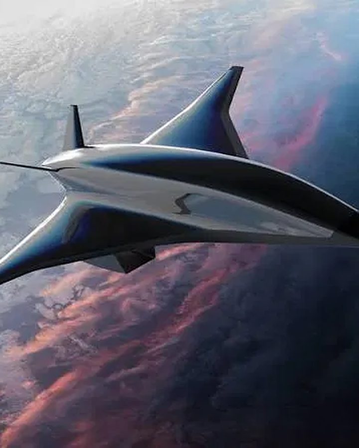 Astro Mechanica's supersonic airliner above the clouds at sunrise